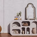 Modern Entryway Console Cabinet Sideboard With Arched Mirror Plant Vase And Storage Shelves