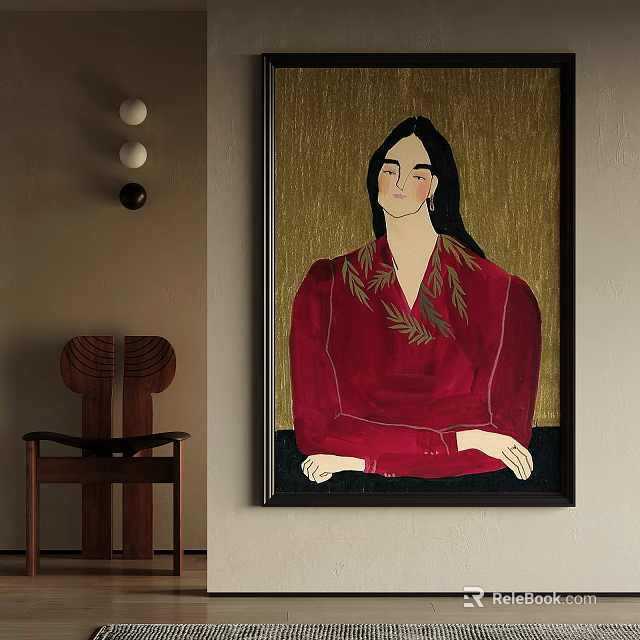 Portrait Painting of a Woman in Red Outfit with Golden Background and Leaf Embellishments 3d model 