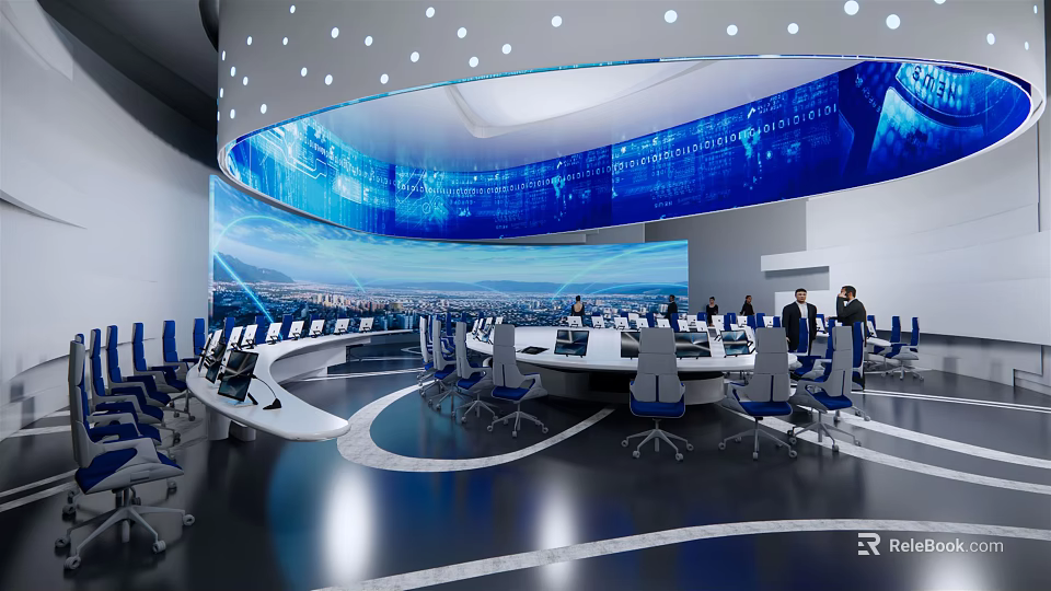Modern High Tech Conference Room With Large Digital Screen Round Table And Ergonomic Chairs 3d model 