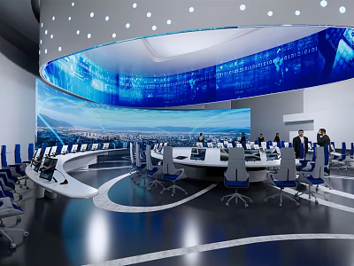 Modern High Tech Conference Room With Large Digital Screen Round Table And Ergonomic Chairs 3d model