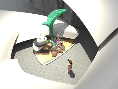Art Installation With Panda Sculpture Green Leaf Structure Plants And Flowers On Paved Ground 3d model