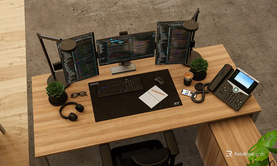 Office Workspace With Three Monitors Code Display Green Plants Headphones And Office Equipment 3d model 