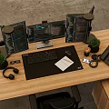 Office Workspace With Three Monitors Code Display Green Plants Headphones And Office Equipment