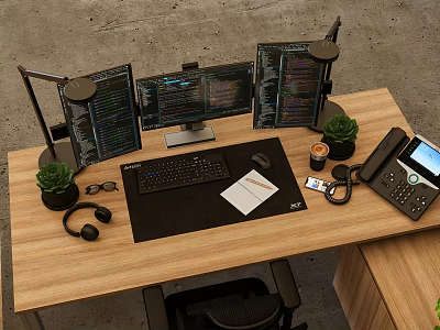 Office Workspace With Three Monitors Code Display Green Plants Headphones And Office Equipment 3d model