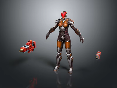 Game and Movie Character in Brown Black Armor with Red Helmet and Two Red Guns 3d model