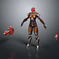Game and Movie Character in Brown Black Armor with Red Helmet and Two Red Guns