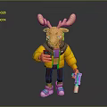 Cartoon Moose Character In Yellow Jacket And Purple Shirt Holding Phone And Colorful Drink