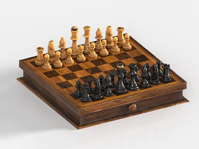 Classic Chess Set with Wooden Board Black White Pieces and Drawer 3d model