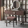 Elegant Wooden Dressing Table With Round Mirror Brown Stool And Open Book 3d model
