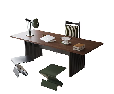Modern Wooden Desk Setup with Desk Lamp Papers Stacked Books Comfortable Chair and Green Stools 3d model