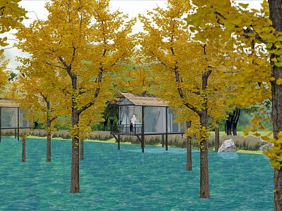 Modern Scenery Lake Tea Room Creek Diaoyutai Thatched House Glass House Steel Structure Building Autumn Scenery model