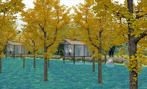 Modern Scenery Lake Tea Room Creek Diaoyutai Thatched House Glass House Steel Structure Building Autumn Scenery 3d model