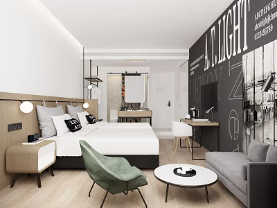 Modern Hotel Room Interior With Comfortable Bed Green Chair Grey Sofa And Decorative Wall 3d model