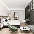 Modern Hotel Room Interior With Comfortable Bed Green Chair Grey Sofa And Decorative Wall