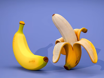 Ripe Yellow Whole Banana with Natural Skin Texture and Peeled Banana on Blue Background 3d model