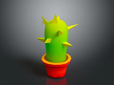 3D Green Cactus With Yellow Spines In Red Pot On Gray Background 3d model