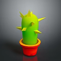 3D Green Cactus With Yellow Spines In Red Pot On Gray Background 3d model