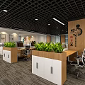 Modern Public Office Space With Green Plants Work Desks Office Chairs And Black Grid Ceiling