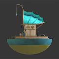 Cartoon Scene of Small Floating Island With Turquoise Curved Roof House Porch And Street Lamp