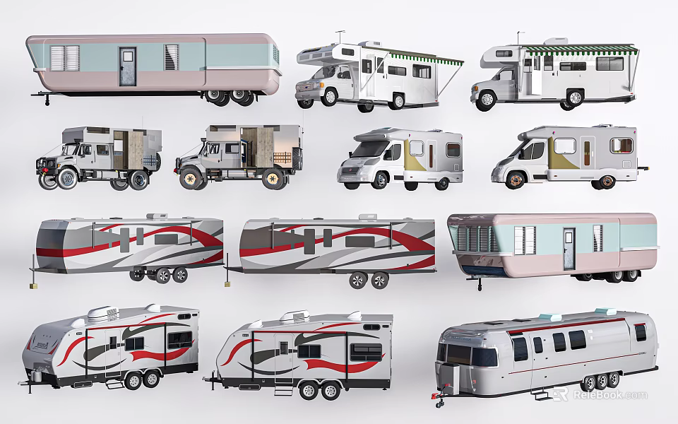 Different Types Of Recreational Vehicles With Various Exterior Designs And Color Patterns 3d model 