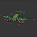 Green And Blue Spacecraft With Wing Structure And Multiple Engines For Cosmic Exploration