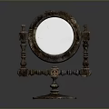 Vintage Round Mirror With Carved Wooden Stand And Decorative Base