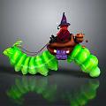 Witch Riding Glowing Green Caterpillar With Purple Hat And Pumpkin Basket