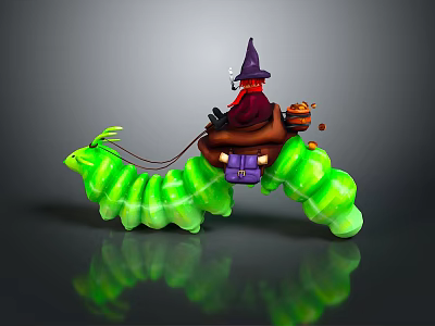 Witch Riding Glowing Green Caterpillar With Purple Hat And Pumpkin Basket 3d model