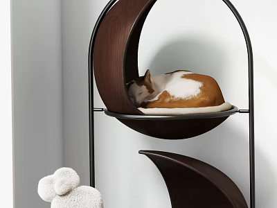 Moon Shaped Wooden Cat Tree with Cat Sleeping on Top and Plush Toy 3d model