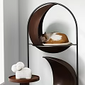 Moon Shaped Wooden Cat Tree with Cat Sleeping on Top and Plush Toy
