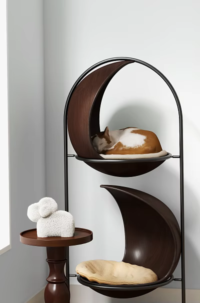 Moon Shaped Wooden Cat Tree with Cat Sleeping on Top and Plush Toy 3d model