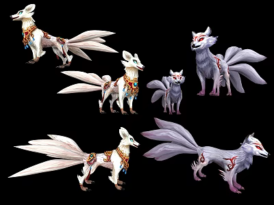 Game and Movie Fox Characters in Diverse Forms with Ornamental Patterns and Multiple Tails 3d model