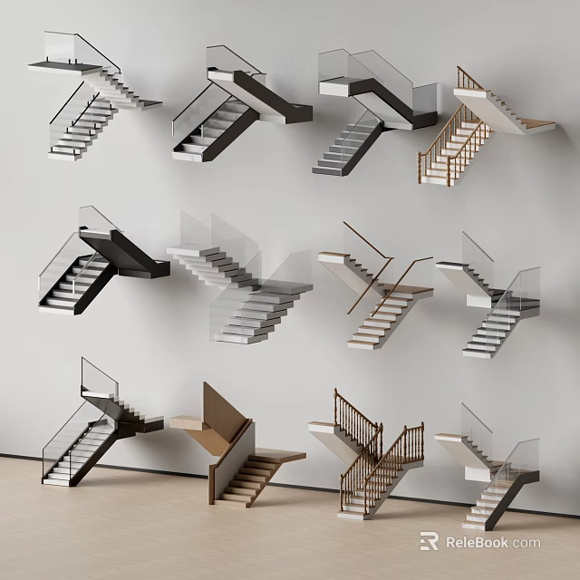 Different Modern Staircase Designs With Glass Railings Wood Steps And Metal Frames 3d model 