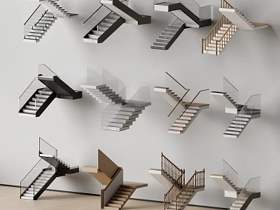 Different Modern Staircase Designs With Glass Railings Wood Steps And Metal Frames 3d model