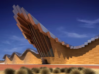 Unique Modern Architectural Structure With Wavy Roof Wooden Panels And Metal Elements Under Blue Sky 3d model