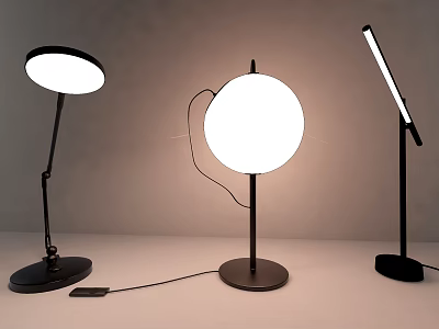Three Modern Table Lamps With Round And Linear Shades Black Bases White Glow 3d model