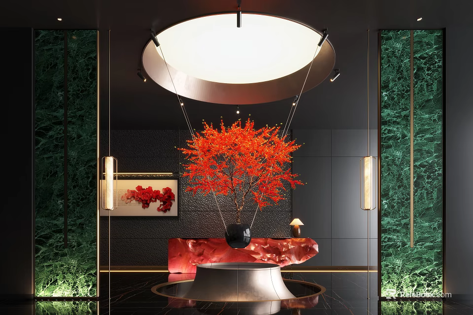 Elegant Modern Luxury Hotel Lobby Interior With Chandelier Red Plant And Artwork 3d model 