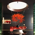 Elegant Modern Luxury Hotel Lobby Interior With Chandelier Red Plant And Artwork