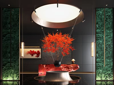 Elegant Modern Luxury Hotel Lobby Interior With Chandelier Red Plant And Artwork 3d model
