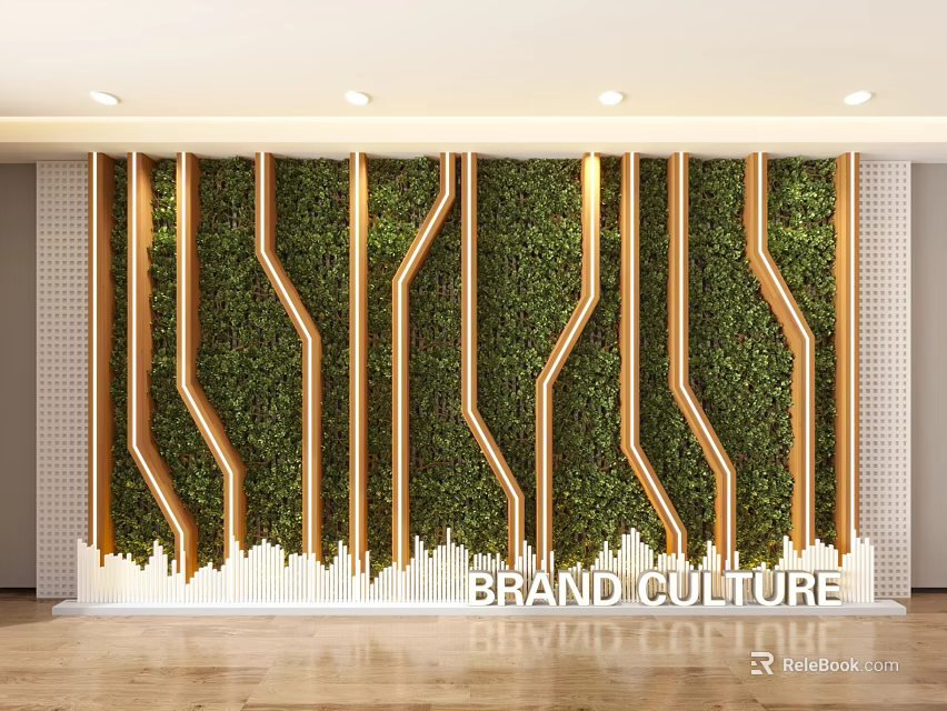 Modern Living Wall With Greenery Wooden Lines And Brand Culture 3d model 