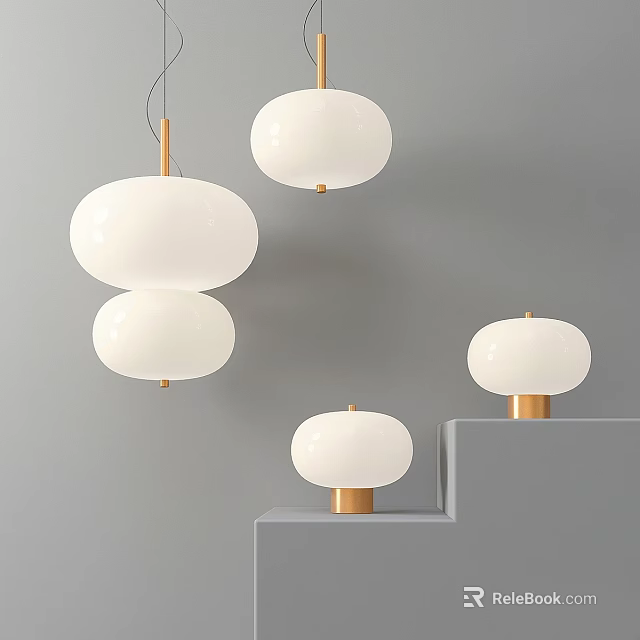 Contemporary Minimalist Pendant Lights With White Shades And Gold Bases On Gray Steps 3d model 