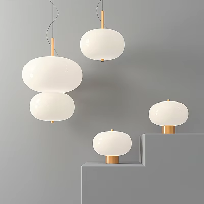 Contemporary Minimalist Pendant Lights With White Shades And Gold Bases On Gray Steps 3d model