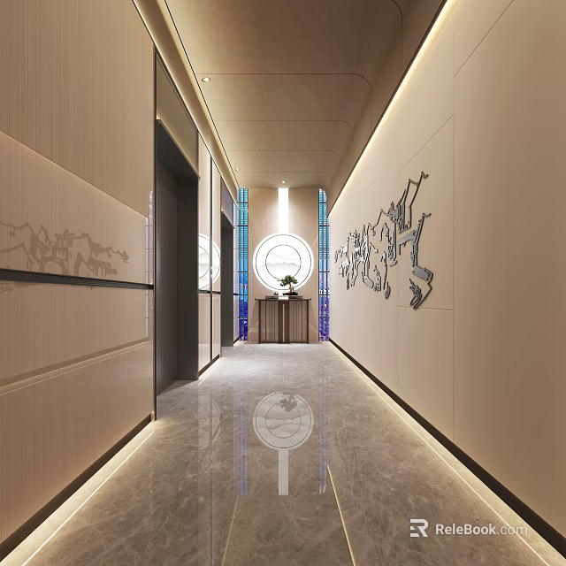 Modern Elevator Hallway Interior Design With Circular Decor And Elegant Lighting Features 3d model