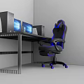 Dark Wooden Office Desk With Dual Monitors PC Towers And Black Blue Gaming Chair