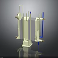 White Mechanical Structure With Blue Components And Cylindrical Support Rods