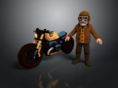 Vintage Yellow Black Motorcycle With Bearded Rider In Brown Jacket And Goggles 3d model