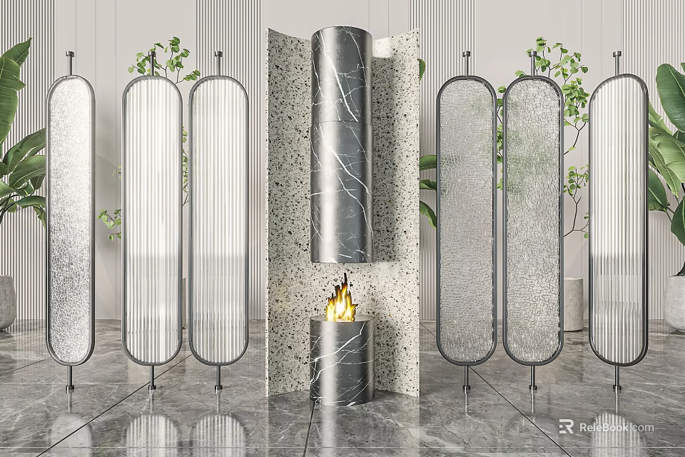 Modern Room Dividers With Glass Panels Metal Frames Marble Column And Green Plants 3d model 