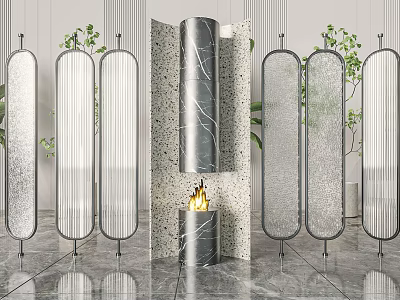 Modern Room Dividers With Glass Panels Metal Frames Marble Column And Green Plants 3d model