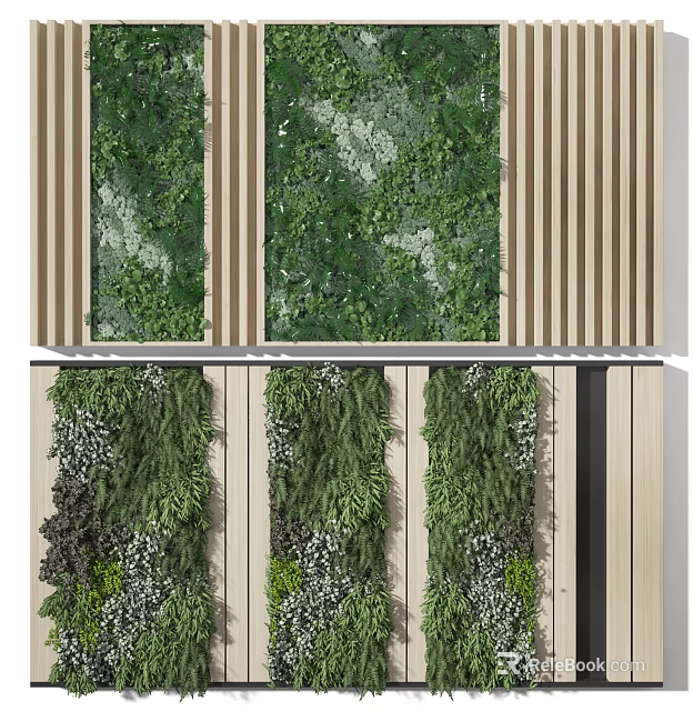 Green Vertical Plant Wall Design With Wooden Accents And Lush Green Foliage 3d model 