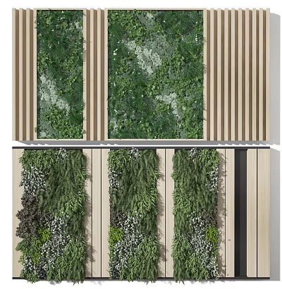Green Vertical Plant Wall Design With Wooden Accents And Lush Green Foliage 3d model
